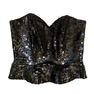Vintage Y2K Lillie Rubin Black Silk Sequin Strapless Corset Bustier Top Size 6